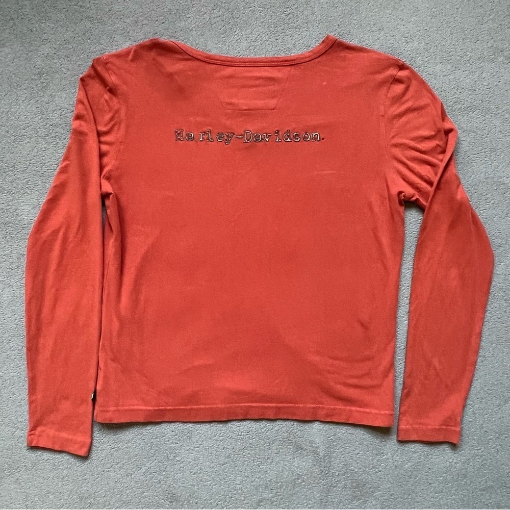 Women's Vintage Y2K Orange Harley Davidson Long Sleeve Logo Shirt size-Medium